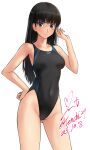  1girl amagami ayatsuji_tsukasa black_hair black_one-piece_swimsuit breasts brown_eyes competition_swimsuit covered_navel cowboy_shot dated highleg highleg_swimsuit long_hair one-piece_swimsuit signature simple_background small_breasts solo standing swimsuit twitter_username two-tone_swimsuit white_background yoo_tenchi 