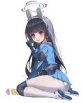  1girl absurdres animal_ears black_gloves black_hair blue_archive blue_skirt blush fake_animal_ears full_body gloves grey_halo halo highres leepy long_hair long_sleeves miyu_(blue_archive) open_mouth pantyhose pleated_skirt rabbit_ears red_eyes shoes simple_background skirt solo white_background white_footwear white_pantyhose 