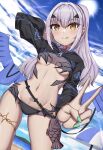  1girl absurdres arm_behind_head arm_up beach bikini black_bikini black_jacket blue_sky blush breasts cropped_jacket dragon_wings fate/grand_order fate_(series) forked_eyebrows high_ponytail highres jacket licking_lips long_hair long_sleeves looking_at_viewer melusine_(fate) melusine_(swimsuit_ruler)_(fate) melusine_(swimsuit_ruler)_(first_ascension)_(fate) navel pubic_tattoo shore shrug_(clothing) sidelocks sky small_breasts smile solo swimsuit tail tattoo thighlet thighs tongue tongue_out toukan v white_hair wings yellow_eyes 