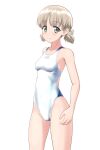  1girl absurdres aki_(girls_und_panzer) blush breasts collarbone commentary_request competition_swimsuit cowboy_shot girls_und_panzer green_eyes groin highres light_brown_hair looking_at_viewer low_twintails one-piece_swimsuit short_hair short_twintails simple_background small_breasts smile solo standing swimsuit takafumi thighs twintails two-tone_swimsuit variant_set white_background white_one-piece_swimsuit 
