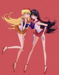  2girls aino_minako back_bow bishoujo_senshi_sailor_moon black_hair blonde_hair blue_bow blue_eyes bow circlet earrings elbow_gloves gloves high_heels highres hino_rei inner_senshi jewelry leotard long_hair long_legs multiple_girls orange_sailor_collar orange_skirt pochi_(askas_is_god) purple_bow purple_eyes red_sailor_collar red_skirt sailor_collar sailor_mars sailor_senshi sailor_senshi_uniform sailor_venus simple_background skirt 