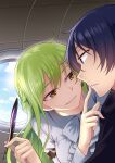  1boy 1girl :d absurdres airplane_interior black_shirt blue_eyes blue_hair blue_sky bow bowtie cloud cloudy_sky dress emma_planck fei_luo_mao green_hair grin highres holding holding_quill honkai_(series) honkai_impact_3rd long_hair long_sleeves quill shirt short_hair sky smile teeth welt_joyce white_bow white_bowtie white_dress yellow_eyes 