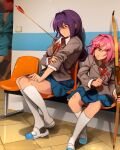  3girls absurdres blood bow brown_hair doki_doki_literature_club english_commentary grey_jacket hair_bow hair_ornament highres jacket khyle. long_hair meme multiple_girls natsuki_(doki_doki_literature_club) open_mouth pink_hair purple_hair red_bow ribbon running sayori_(doki_doki_literature_club) school_uniform shirt short_hair sitting skirt yuri_(doki_doki_literature_club) 