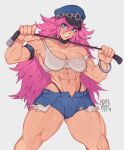  1girl abs blue_eyes bracelet breasts choker cleavage final_fight hat hdhx highres jewelry long_hair looking_at_viewer muscular muscular_female poison_(final_fight) police_hat shorts solo tank_top teeth thick_thighs thighs whip white_background 