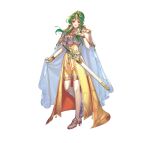  1girl armor breastplate cape cape_lift crown elincia_ridell_crimea elincia_ridell_crimea_(undaunted_queen) fingerless_gloves fire_emblem fire_emblem:_radiant_dawn fire_emblem_heroes fujikawa_arika gloves gold_dress gold_gloves gold_trim green_eyes green_hair hair_bun high_heels looking_at_viewer official_alternate_costume official_art parted_lips shoulder_armor smile solo sword weapon white_cape white_footwear yellow_leggings 