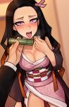  1boy 1girl black_hair blurry blurry_background blush breasts breath cleavage commentary dutch_angle english_commentary fingernails forehead furrowed_brow hand_up highres japanese_clothes kamado_nezuko kimetsu_no_yaiba kimono large_breasts long_hair loodncrood looking_at_viewer nose_blush open_mouth pink_eyes pink_kimono pov pov_hands saliva saliva_trail sharp_fingernails solo_focus teeth thigh_gap tongue tongue_out upper_teeth_only 
