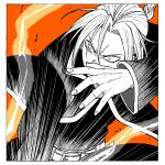  1boy border braid derivative_work edward_elric electricity fingernails fullmetal_alchemist hair_between_eyes highres jacket long_sleeves love_helix male_focus manga_panel_redraw monochrome motion_lines orange_background pants shirt white_border wide-eyed 