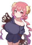  1girl :&lt; absurdres arm_behind_back black_shirt breasts cleavage collarbone commentary dragon_claw dragon_girl dragon_horns dragon_tail gazacy_(dai) gradient_hair hand_up highres horns huge_breasts ilulu_(maidragon) kobayashi-san_chi_no_maidragon long_hair looking_at_viewer multicolored_hair oppai_loli pink_hair pointy_ears red_eyes red_hair shirt shortstack simple_background slit_pupils solo tail twintails white_background yellow_horns 