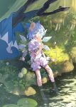  1girl animal barefoot blue_bow blue_eyes blue_hair bow cirno collared_shirt detached_wings fairy flower food frog hair_between_eyes hair_bow hair_flower hair_ornament highres holding holding_food ice ice_wings ko_kita lily_pad morning_glory mushroom pink_flower popsicle puffy_short_sleeves puffy_sleeves shirt short_hair short_sleeves shorts sitting solo touhou water watermelon_bar white_flower white_shirt white_shorts wings yellow_flower 