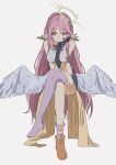  1girl angel angel_wings animal_ears asymmetrical_legwear bird_ears breasts bridal_gauntlets compass_rose_halo crop_top feathered_wings halo jibril_(no_game_no_life) large_breasts long_hair looking_at_viewer low_wings magic_circle midriff mismatched_legwear multicolored_eyes no_game_no_life pink_hair purple_eyes shoes single_shoe solo very_long_hair white_wings wing_ears wings yellow_eyes yu_yin 