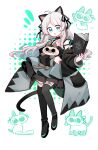  1girl :o absurdres akaruku animal animal_ears arknights bare_shoulders black_dress black_footwear black_jacket black_ribbon black_thighhighs blonde_hair book cat cat_ears cat_girl cat_tail chinese_commentary commentary_request dress green_eyes hair_ribbon highres holding holding_animal holding_book holding_cat jacket layered_dress long_hair looking_at_viewer mint_(arknights) mint_(elite_ii)_(arknights) off_shoulder open_mouth ribbon siamese_cat simple_background solid_circle_eyes solo tail thighhighs white_background 