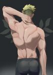  1boy achilles_(fate) arm_at_side arm_behind_head back bara black_pants facing_away fate/apocrypha fate_(series) grey_background hand_on_own_neck haruakira highres male_focus mature_male muscular muscular_male pants short_hair simple_background solo undercut upper_body 