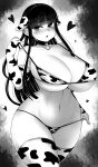  1girl absurdres animal_ears animal_print bell bikini bikini_bottom_pull bikini_pull bikini_top_pull blush breasts choker cleavage clothes_pull collarbone commentary_request cow_ears cow_print cowboy_shot curvy elbow_gloves gloves greyscale haseru_(ginku_mh) heart heart-shaped_pupils highres huge_breasts long_hair looking_at_viewer mole mole_on_breast mole_on_thigh mole_under_mouth monochrome navel neck_bell original pulled_by_self solo swimsuit symbol-shaped_pupils thighhighs 