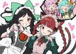  &gt;_&lt; 4girls :d ;d alternate_costume animal_ears blunt_bangs blush braid breasts cat_ears chest_jewel enmaided extra_ears grin happy heart heart_hands highres kaenbyou_rin komeiji_koishi komeiji_satori maid maid_headdress miz_(mizillustration) multiple_girls nekomata one_eye_closed open_mouth paw_pose pointy_ears red_eyes red_hair reiuji_utsuho siblings simple_background sisters small_breasts smile touhou twin_braids upper_body v-shaped_eyebrows white_background wrist_cuffs 