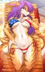  anthro bikini bikini_bottom bikini_top breasts clothing damn_lasso_tool female fish flag_bikini hair hi_res looking_at_viewer marine purple_hair shark solo stars_and_stripes swimwear united_states_of_america yellow_body 