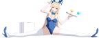  1girl absurdres animal_ears arm_up bare_shoulders blonde_hair blue_archive blue_bow blue_bowtie blue_eyes blue_footwear blue_leotard blue_nails bow bowtie breasts cleavage detached_collar fake_animal_ears full_body halo headset high_heels highres holding holding_tray leotard long_hair looking_at_viewer medium_breasts mitsukayurie nail_polish parted_lips playboy_bunny rabbit_ears shoe_dangle signature simple_background sitting spilling split spread_legs strapless strapless_leotard suitcase thighhighs toki_(blue_archive) toki_(bunny)_(blue_archive) tray very_long_hair white_background white_thighhighs wrist_cuffs 