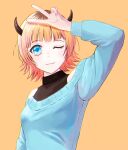  15taruhito 1girl :3 bare_shoulders blonde_hair blue_eyes blue_sweater closed_mouth commentary demon_horns horns memcho nail_polish off-shoulder_sweater off_shoulder one_eye_closed oshi_no_ko pink_nails short_hair simple_background solo sweater v yellow_background 