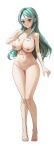  1girl aqua_hair arm_at_side bang_dream! bangs barefoot blush breasts censored cleavage closed_mouth collarbone commentary completely_nude full_body green_eyes groin hand_up heart highres hikawa_sayo large_breasts long_hair looking_at_viewer mosaic_censoring navel nipple_piercing nipple_rings nipples nude piercing pussy sidelocks simple_background smile solo standing stomach swept_bangs wavy_hair white_background yeonrizee 