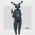  3_toes 4_fingers anthro artist_name belly big_belly big_breasts black_body black_fur blush breasts digital_media_(artwork) eeveelution featureless_breasts feet female fingers full-length_portrait fur generation_2_pokemon hand_on_stomach hi_res looking_at_viewer mammal markings navel nintendo nude outie_navel overweight pokemon pokemon_(species) portrait pregnant pregnant_female red_sclera signature simple_background solo tail toes umbreon yellow_markings yutic 