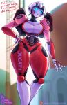 arcee blue_eyes breasts cybertronian dialogue drawingshernan english_text female front_view glowing glowing_eyes hand_on_hip hasbro hi_res humanoid looking_at_viewer machine metallic_body robot robot_humanoid solo standing takara_tomy text thick_thighs thigh_gap transformers url 