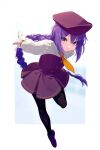  1girl aged_down atlas_academy_school_uniform breasts dress echo_(circa) fate/grand_order fate_(series) full_body hat long_hair long_sleeves looking_at_viewer ponytail purple_dress purple_eyes purple_hair school_uniform sion_eltnam_sokaris small_breasts solo 