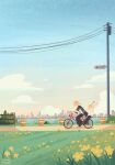  1boy 1girl bicycle black_pants blonde_hair braid cartoonized city closed_eyes cloud cocoreena commentary english_commentary flower grass ground_vehicle head_tattoo highres pants riding riding_bicycle river road_sign ryuuguuji_ken sano_emma shirt sign single_braid smile tokyo_revengers toon_(style) white_shirt 