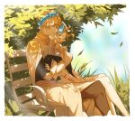  1boy 1girl absurdres bench blonde_hair blue_eyes blue_hairband border brother_and_sister castor_(fate) closed_mouth crossed_arms falling_leaves fate/grand_order fate_(series) fingernails gold_choker hairband highres leaf lower_teeth_only outdoors park_bench pollux_(fate) siblings sitting_on_bench sleeping sleeping_upright teeth tree twins white_border zuraa_(naunau_seijin) 