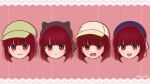  4girls animal_ears arima_kana beret blue_headwear bob_cut cat_ears closed_mouth crying crying_with_eyes_open green_headwear hat hat_ribbon inverted_bob light_blush mi_e1111 multiple_girls open_mouth oshi_no_ko pink_background red_eyes red_hair ribbon short_hair smile tears white_headwear 