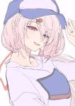  1girl alternate_costume arm_up baseball_cap belt blue_headwear blue_shorts breasts eyes_visible_through_hair hair_ornament hair_over_one_eye hair_ribbon hand_on_headwear hat highres large_breasts long_hair looking_at_viewer low_ponytail nijisanji obihironn parted_lips pink_hair red_belt red_eyes red_ribbon ribbon shiina_yuika shirt shorts simple_background sketch smile white_background 
