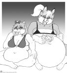  2017 absurd_res accessory anthro belly beverage big_belly big_breasts bikini bodily_fluids bow_ribbon breasts canid canine clothing deep_navel domestic_cat drooling duo eating felid feline felis female food fox fur hair hair_accessory hair_bow hair_ribbon hi_res if_hell_had_a_taste mammal marci_hetson monochrome multicolored_body multicolored_fur navel nipple_outline obese obese_anthro obese_female open_mouth overweight overweight_anthro overweight_female pepperoni pepperoni_pizza pizza ribbons saliva swimwear tiffany_brewwer tongue tongue_out two_tone_body two_tone_fur viroveteruscy 