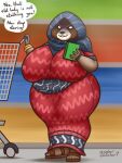  anthro big_breasts breasts clothing creepy dress female glowing glowing_eyes grocery_shopping grocery_store gypsy hi_res hooded mammal oystercatcher7 pattern_clothing pattern_dress procyonid raccoon shopping_cart short_stack solo stare store wide_hips zela 