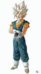  1boy blonde_hair blue_jumpsuit boots character_request dragon_ball earrings full_body gloves green_eyes highres jewelry jumpsuit kakeru_(dbskakeru) looking_to_the_side orange_shirt shirt simple_background sleeveless solo spiked_hair toriyama_akira_(style) white_background white_gloves 