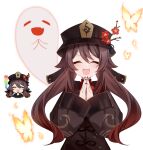 black_nails blush brown_hair bug butterfly chibi closed_eyes genshin_impact ghost happy hat highres hu_tao_(genshin_impact) looking_at_viewer ougi_(u_to4410) own_hands_together simple_background smile twintails white_background 