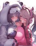  2girls alice_(nikke) animal_ears animal_hood black_bodysuit blush bodysuit bottle breast_press breasts breasts_squeezed_together drawstring eyebrows_hidden_by_hair fake_animal_ears fur-trimmed_hood fur-trimmed_sleeves fur_trim gloves goddess_of_victory:_nikke grey_hair headphones headset highres holding_hands hood hood_up impossible_bodysuit impossible_clothes jacket km9902226 large_breasts latex latex_bodysuit long_hair long_sleeves looking_at_viewer mask mask_on_head multicolored_clothes multicolored_gloves multiple_girls neve_(nikke) no_bra open_jumpsuit open_mouth pink_bodysuit pink_eyes pink_gloves pink_headphones red_jacket shrug_(clothing) simple_background skin_tight sleep_mask twintails two-tone_gloves zipper zipper_pull_tab 