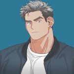  1boy avatar_icon bara ear_piercing frown grey_hair highres jacket looking_at_viewer male_focus multicolored_hair muscular muscular_male open_clothes open_jacket original piercing shirt short_hair sideburns solo takayakaiti_(tk049ccn) thick_eyebrows two-tone_hair upper_body white_shirt 