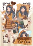  1girl bag bare_legs beret black_hair blush brown_footwear brown_jacket brown_skirt building candy character_name cinnamon_roll closed_eyes closed_mouth cupcake english_text food food-themed_clothes frilled_skirt frills full_body hat heart highres idolmaster idolmaster_cinderella_girls jacket long_hair monakocoa ohnuma_kurumi plaid plaid_skirt puffy_sleeves shirt shoulder_bag skirt smile socks solo solo_focus straight_hair stuffed_animal stuffed_toy tape teddy_bear white_shirt 