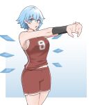  1girl aged_up alternate_costume armpits basketball_uniform black_wristband blue_eyes blue_hair cirno detached_wings highres ice ice_wings interlocked_fingers mata_(matasoup) midriff midriff_peek navel outstretched_arms own_hands_together red_shorts red_tank_top short_hair shorts solo sportswear stretching sweat tank_top tomboy touhou wings 