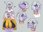  anthro avian blue_eyes bottomwear breasts clothed clothing clothing_around_waist coffee_cup container cup espathra female fully_clothed generation_9_pokemon grey_background hair hoodie juppi long_neck neck_tuft nintendo pokemon pokemon_(species) purple_body question_mark simple_background skirt solo tied_clothing topwear tuft white_hair 