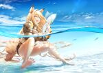  1girl :d ^_^ animal_ears arknights barefoot bird blonde_hair blue_sky blush ceobe_(arknights) closed_eyes commentary_request dog_ears dog_girl dog_tail feet fish highres jacket legs long_hair ocean outdoors seagull shorts sky smile soles solo tail toe_scrunch toes wading yokaze_(yokajie) 