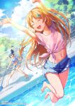  2girls amiami_(company) amico arms_up barefoot blue_shirt breasts day denim denim_shorts hair_between_eyes highres holding holding_hose hose jumping lilco long_hair multiple_girls official_art one_eye_closed open_mouth orange_hair outdoors pink_shirt ponytail pool shirt shorts sky small_breasts two_side_up very_long_hair water wet wet_clothes wet_shirt yumekui 