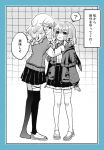  2girls ? black_thighhighs cheek_pinching kokkovvv long_hair looking_at_another monochrome multiple_girls original pinching shoes skirt thighhighs white_thighhighs 