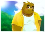  2023 absurd_res anthro belly big_belly black_nose blush brown_body brown_fur canid canine cloud eyewear fur glasses hi_res kemono kounosuke_(morenatsu) kumatoron male mammal morenatsu outside overweight overweight_male raccoon_dog solo sun tanuki 