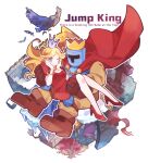  1boy 1girl armor babe_(jump_king) bird black_bird blonde_hair blue_eyes boots bracelet brown_footwear brown_gloves cape carrying copyright_name crown dress feathers full_armor gloves high_heels highres humibun74 jewelry jump_king jump_king_(character) long_hair one_eye_closed outline princess_carry red_cape red_dress red_footwear short_sleeves white_outline 
