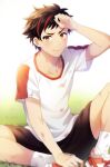  1boy black_hair black_shorts dirty dirty_clothes ensemble_stars! fingernails looking_at_viewer male_focus multicolored_hair nagumo_tetora orange_eyes red_hair shiron_(shiro_n) shoes short_sleeves shorts sneakers socks solo streaked_hair tears white_socks 