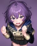  1girl asanagi_shion bernadetta_von_varley black_skirt clenched_hands fire_emblem fire_emblem:_three_houses garreg_mach_monastery_uniform grey_eyes highres hood messy_hair purple_background purple_hair skirt tearing_up wavy_mouth 