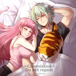  1boy 1girl ;) ^_^ arm_up bed_sheet black_shirt blanket breasts byleth_(fire_emblem) byleth_(male)_(fire_emblem) cat closed_eyes commentary commission fire_emblem fire_emblem:_three_houses green_eyes green_hair gzei highres hilda_valentine_goneril large_breasts looking_at_another lying midriff on_back one_eye_closed pink_hair pink_shirt shirt short_hair sleeveless sleeveless_shirt smile upper_body 
