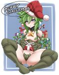  1girl areola_slip blush box breasts candy candy_cane christmas christmas_ornaments commentary english_commentary food full_body fur-trimmed_headwear gift gift_box green_hair grey_eyes hair_between_eyes hat highres holding holding_gift kii_(monster_musume) leaf long_bangs looking_at_viewer merry_christmas monster_girl monster_musume_no_iru_nichijou open_mouth plant_girl plant_hair pom_pom_(clothes) red_headwear santa_hat shiny_skin short_hair sidelocks sitting small_breasts solo spread_legs star_(symbol) virusotaku 