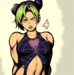  1girl abs bare_shoulders blue_hair breasts double_bun green_eyes green_hair green_lips hair_bun highres jojo_no_kimyou_na_bouken kujo_jolyne midriff mostlybluewyatt multicolored_hair muscular muscular_female navel serious solo spider_web_print stone_ocean 