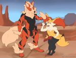  absurd_res animal_genitalia anthro arcanine balls big_balls big_penis braixen duo generation_1_pokemon generation_6_pokemon genitals girly hi_res male male/male muscular muscular_male nintendo penis pokemon pokemon_(species) sheath size_difference small_balls small_penis srcook 