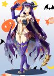  absurdres blue_eyes blunt_bangs boots breasts center_opening cleavage dragon_horns dragon_tail earrings elbow_gloves fang fate/grand_order fate_(series) full_body gloves halloween halloween_costume highres horns jewelry large_breasts martha_(fate) purple_hair rofu_get straight_hair tail tarasque_(fate) thigh_boots 